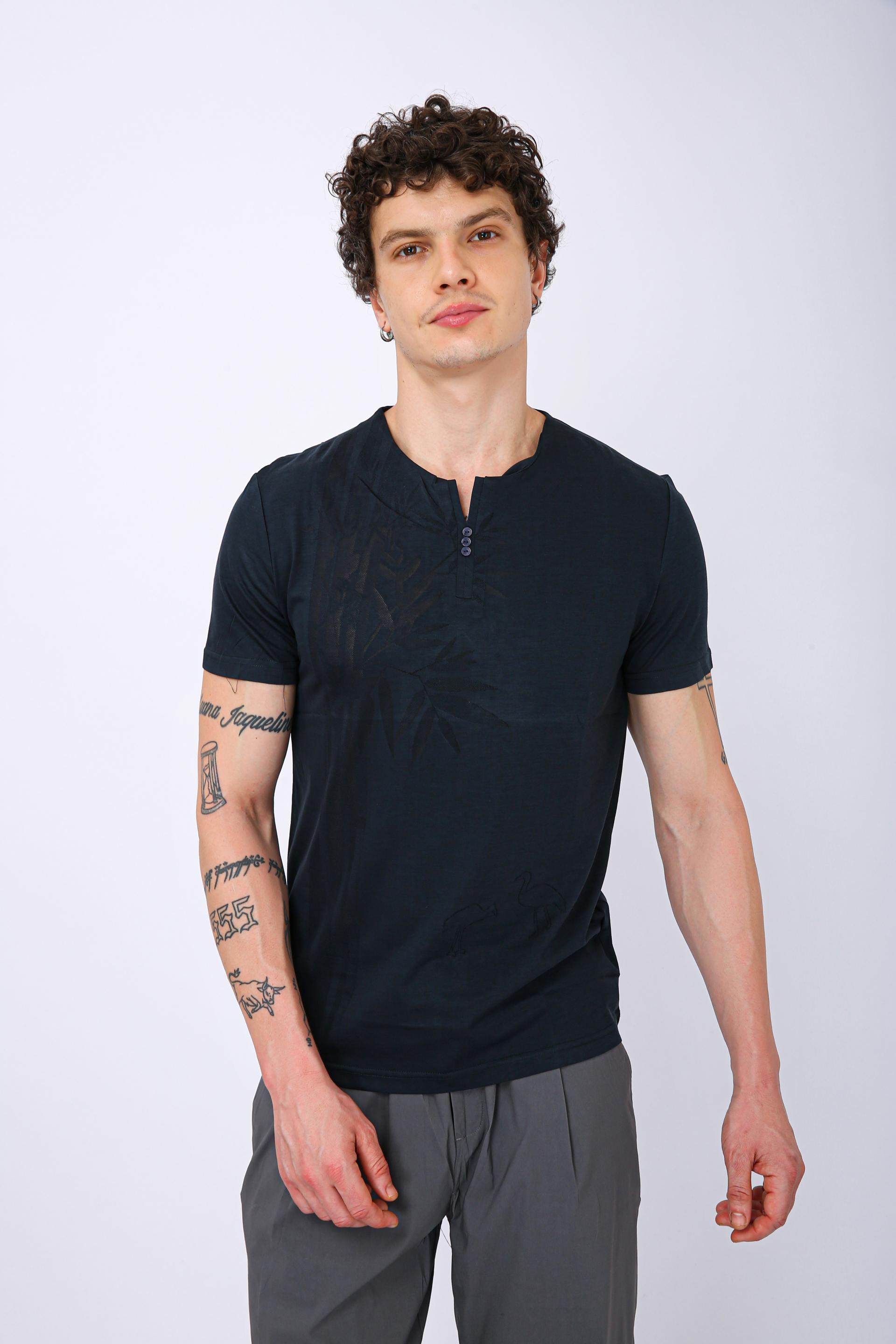 Printed Henley Neck T-Shirt - Morpich Leaf