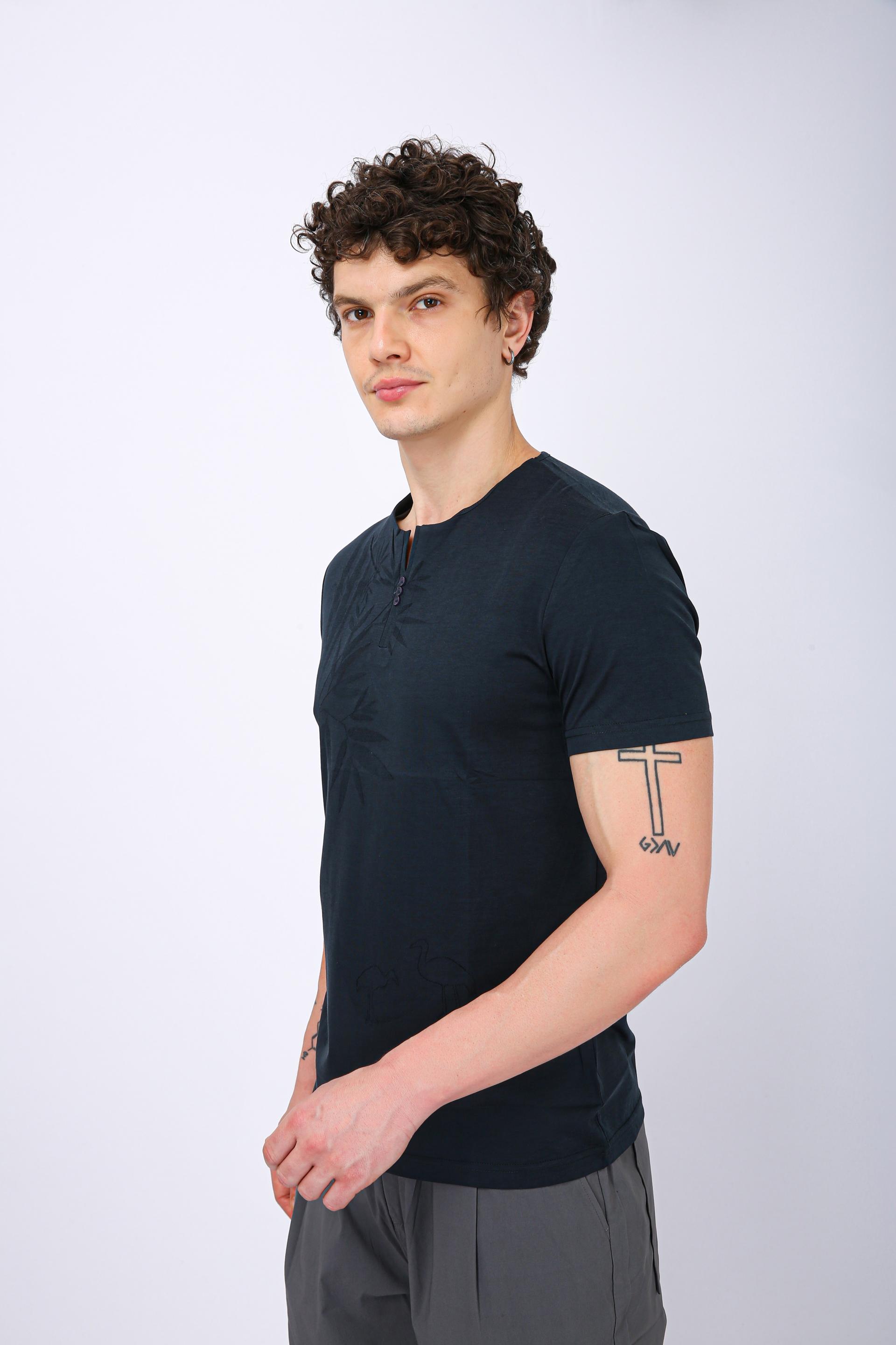 Printed Henley Neck T-Shirt - Morpich Leaf