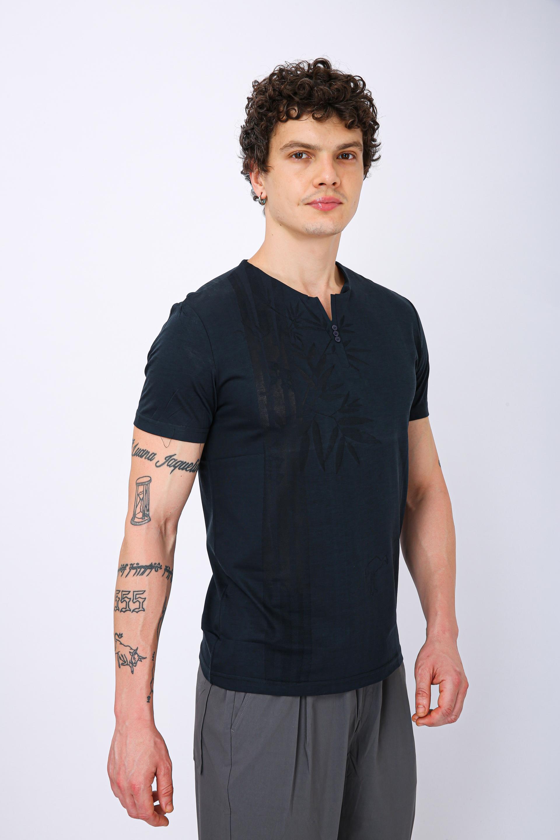 Printed Henley Neck T-Shirt - Morpich Leaf