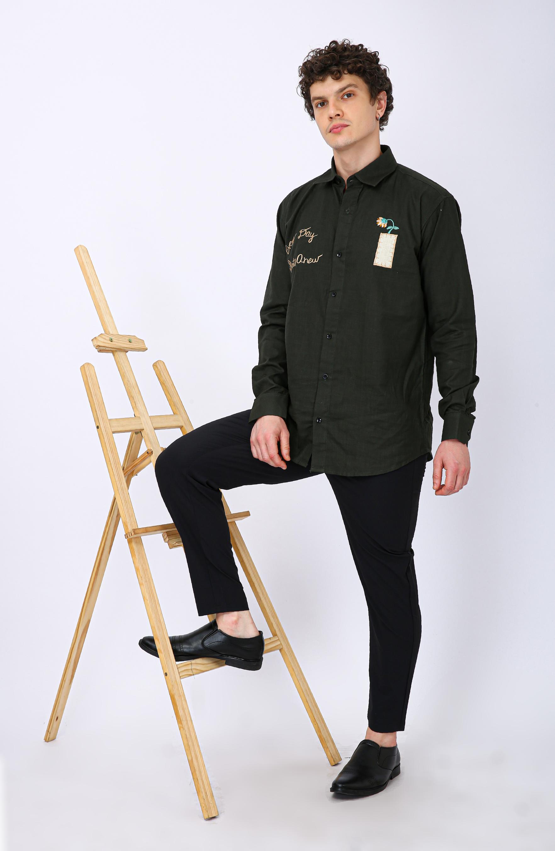 Mooniman Men's Premium Embroidered Formal Shirt - Dark Forest