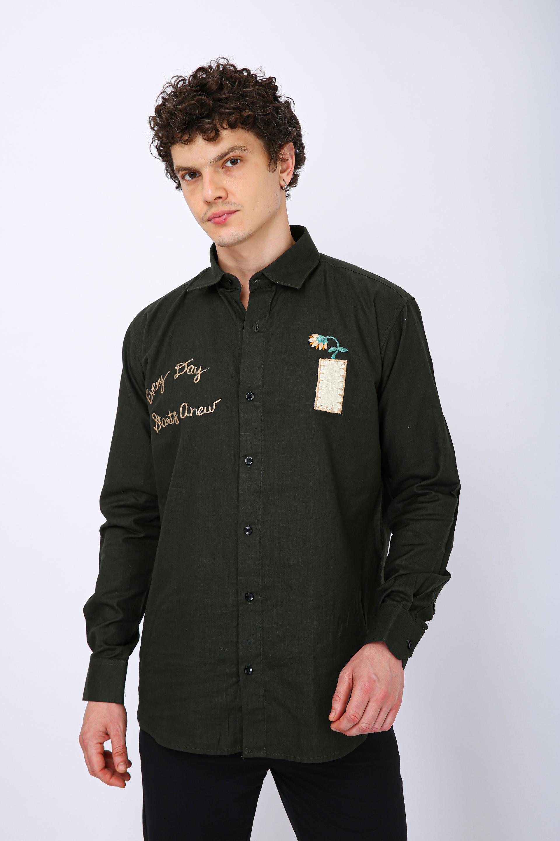 Mooniman Men's Premium Embroidered Formal Shirt - Dark Forest