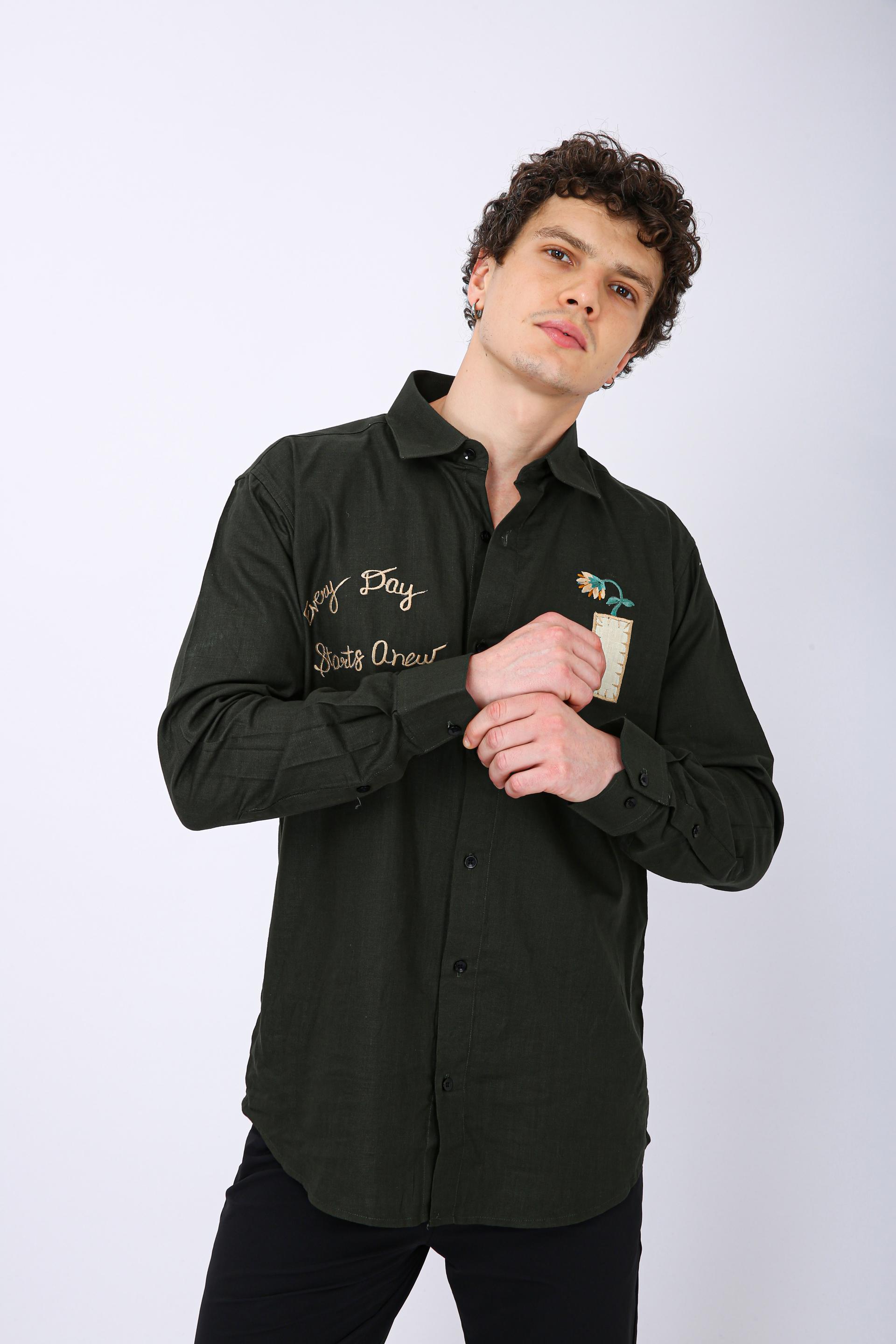 Mooniman Men's Premium Embroidered Formal Shirt - Dark Forest