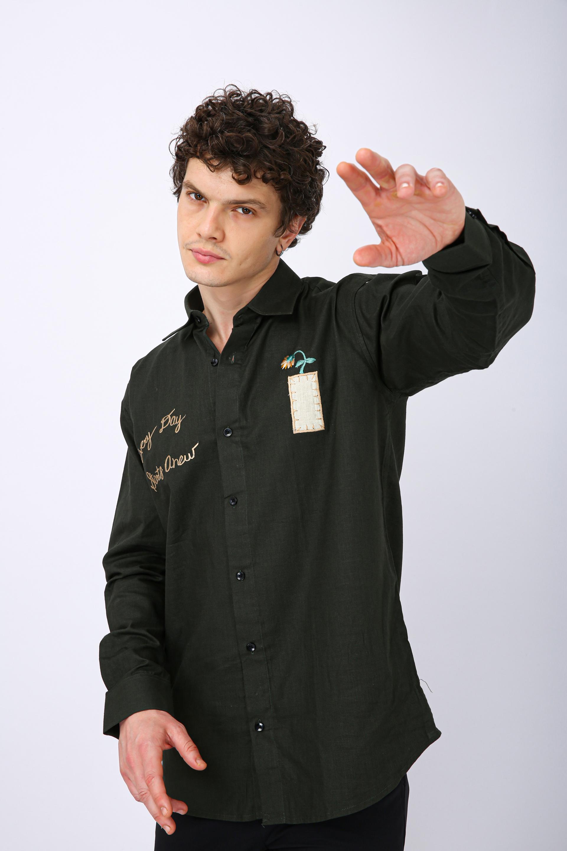 Mooniman Men's Premium Embroidered Formal Shirt - Dark Forest