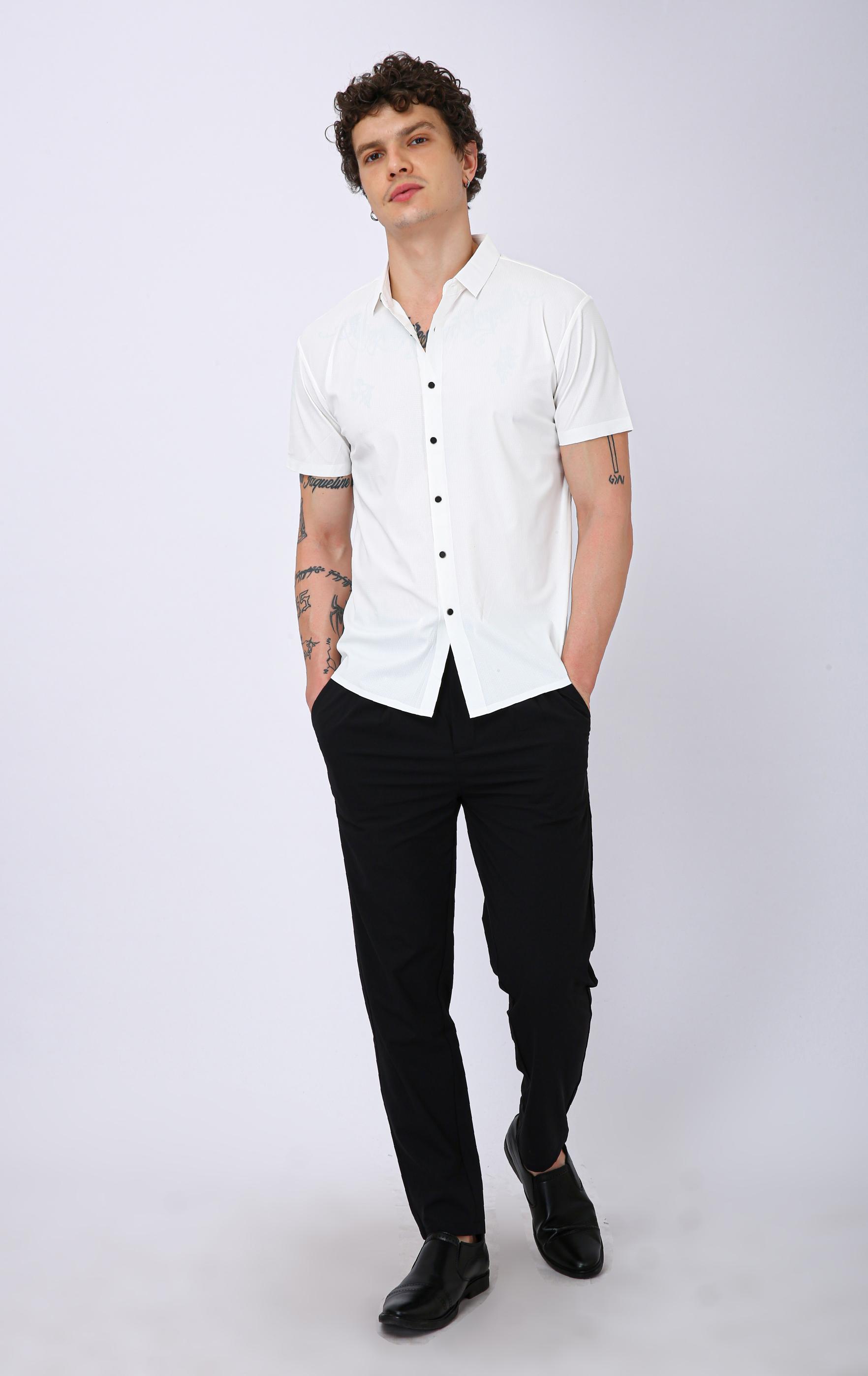 Men's Premium Solid Textured Casual Half Sleeve Shirt - White