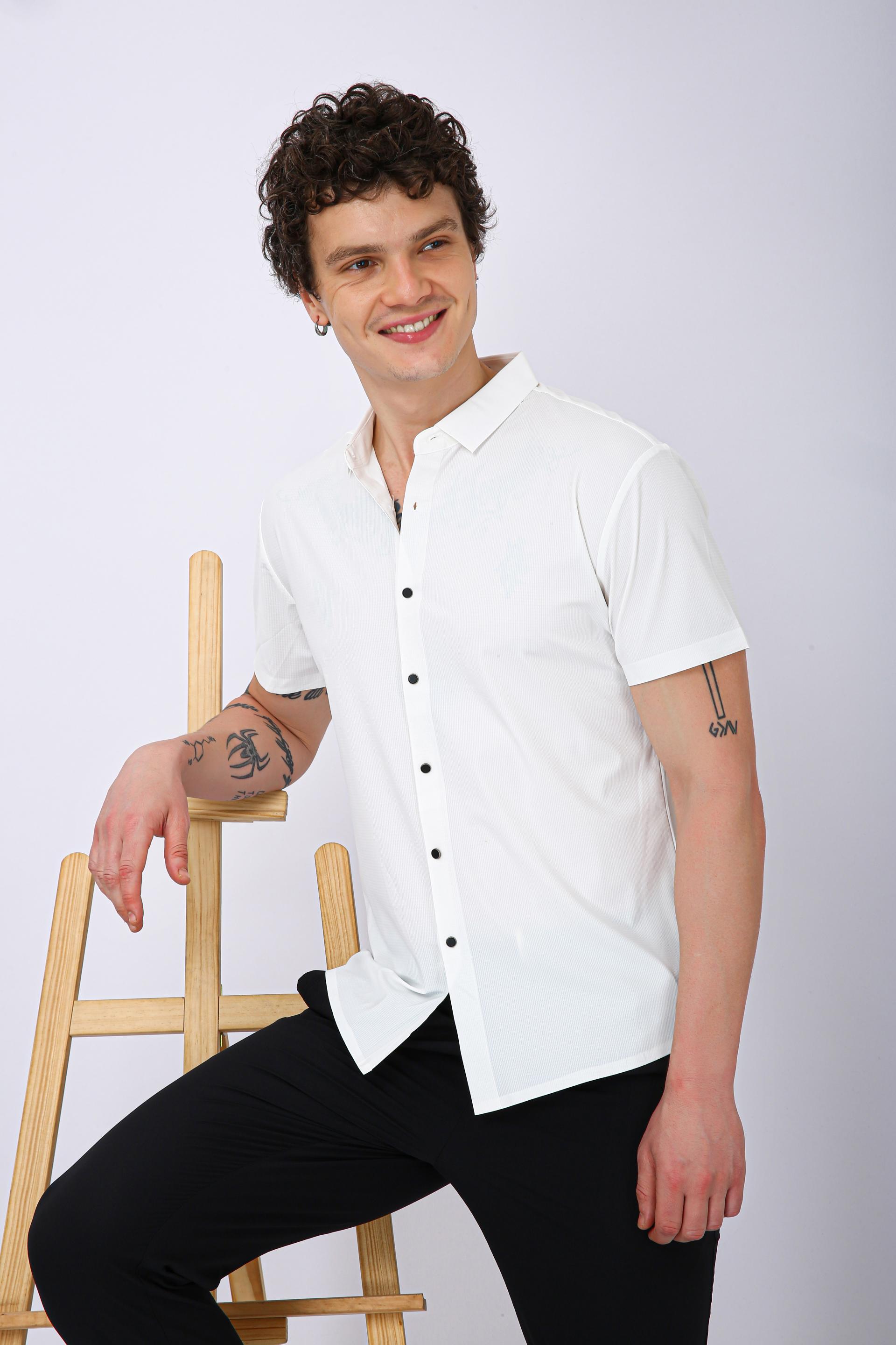 Men's Premium Solid Textured Casual Half Sleeve Shirt - White
