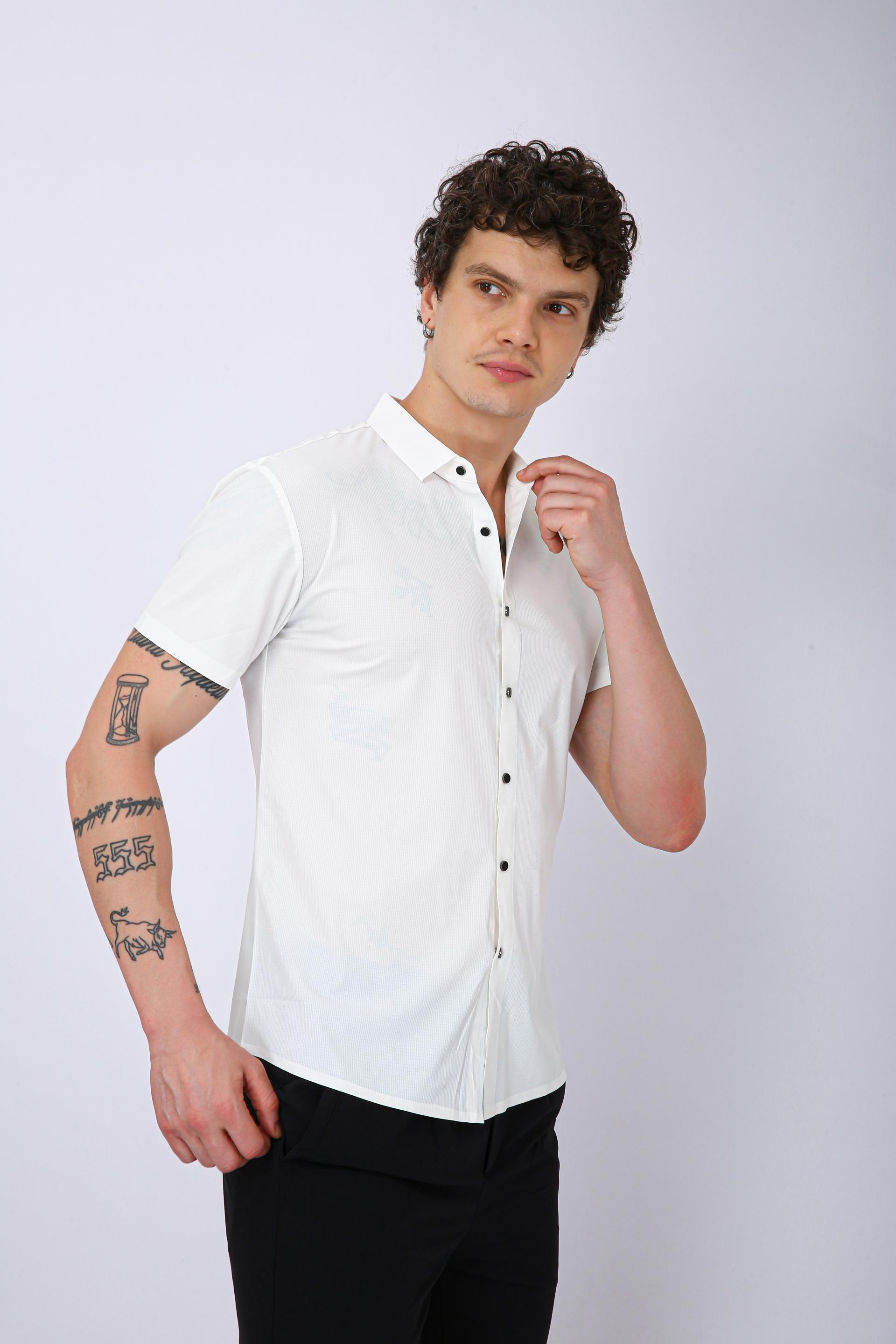 Men's Premium Solid Textured Casual Half Sleeve Shirt - White