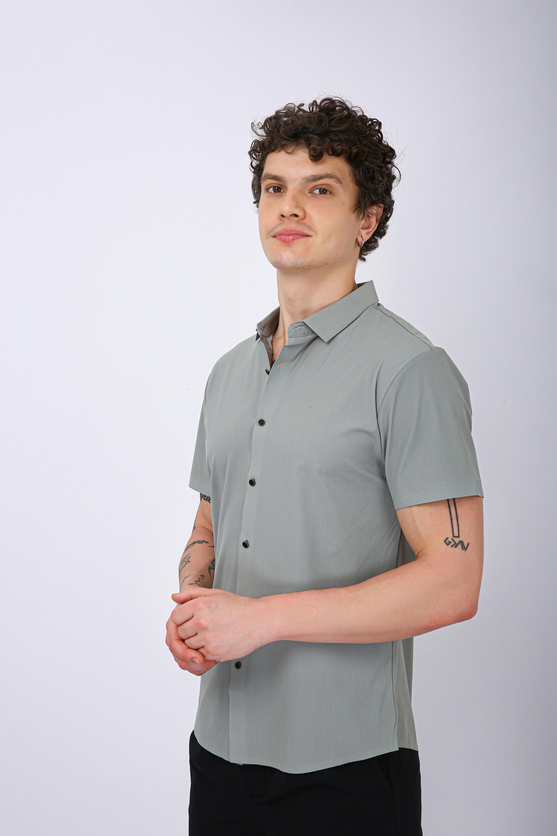 Men's Premium Solid Textured Casual Half Sleeve Shirt - Light Blue