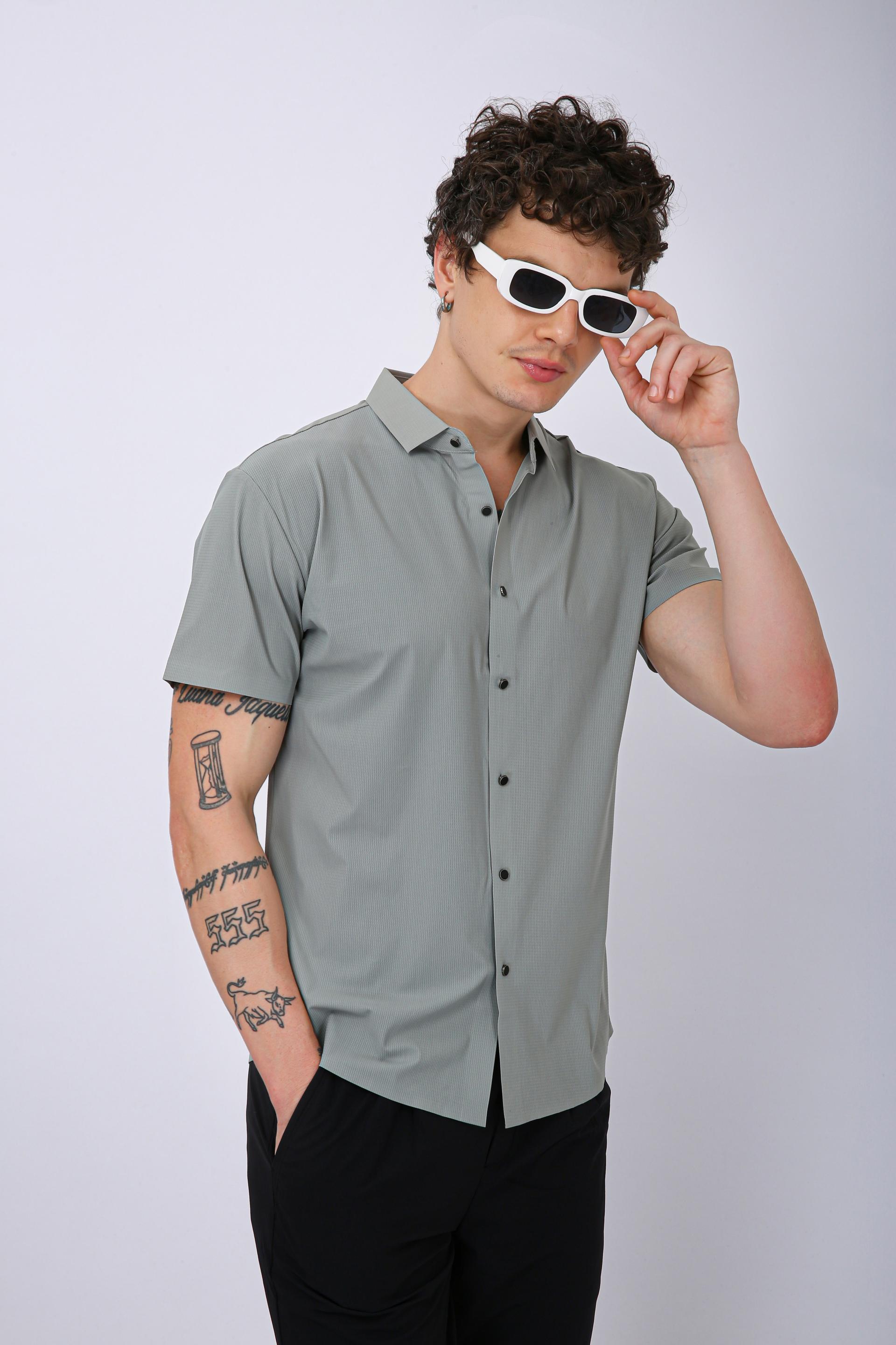 Men's Premium Solid Textured Casual Half Sleeve Shirt - Light Blue
