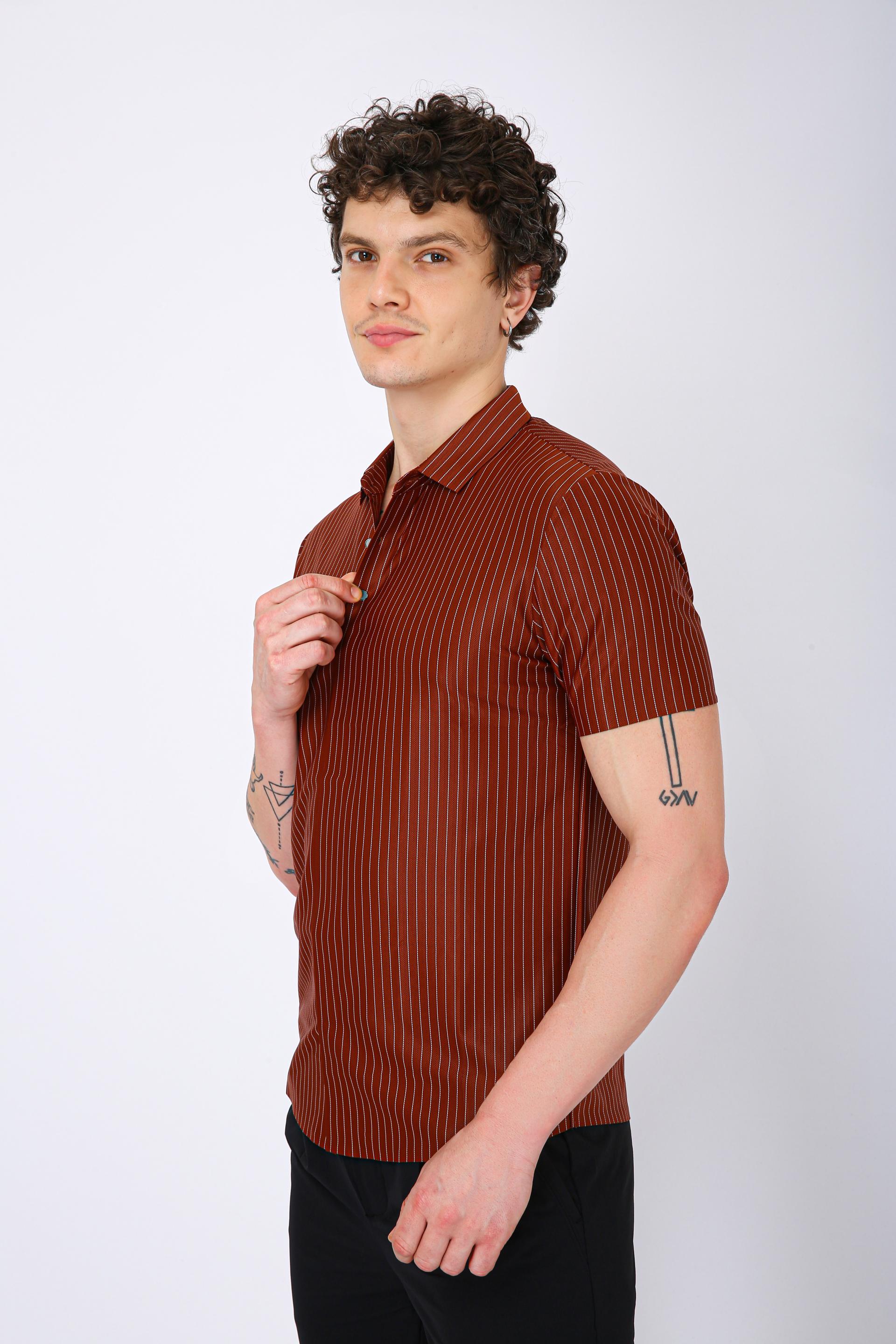 Premium Pinstripe Polo T-Shirt - Brown