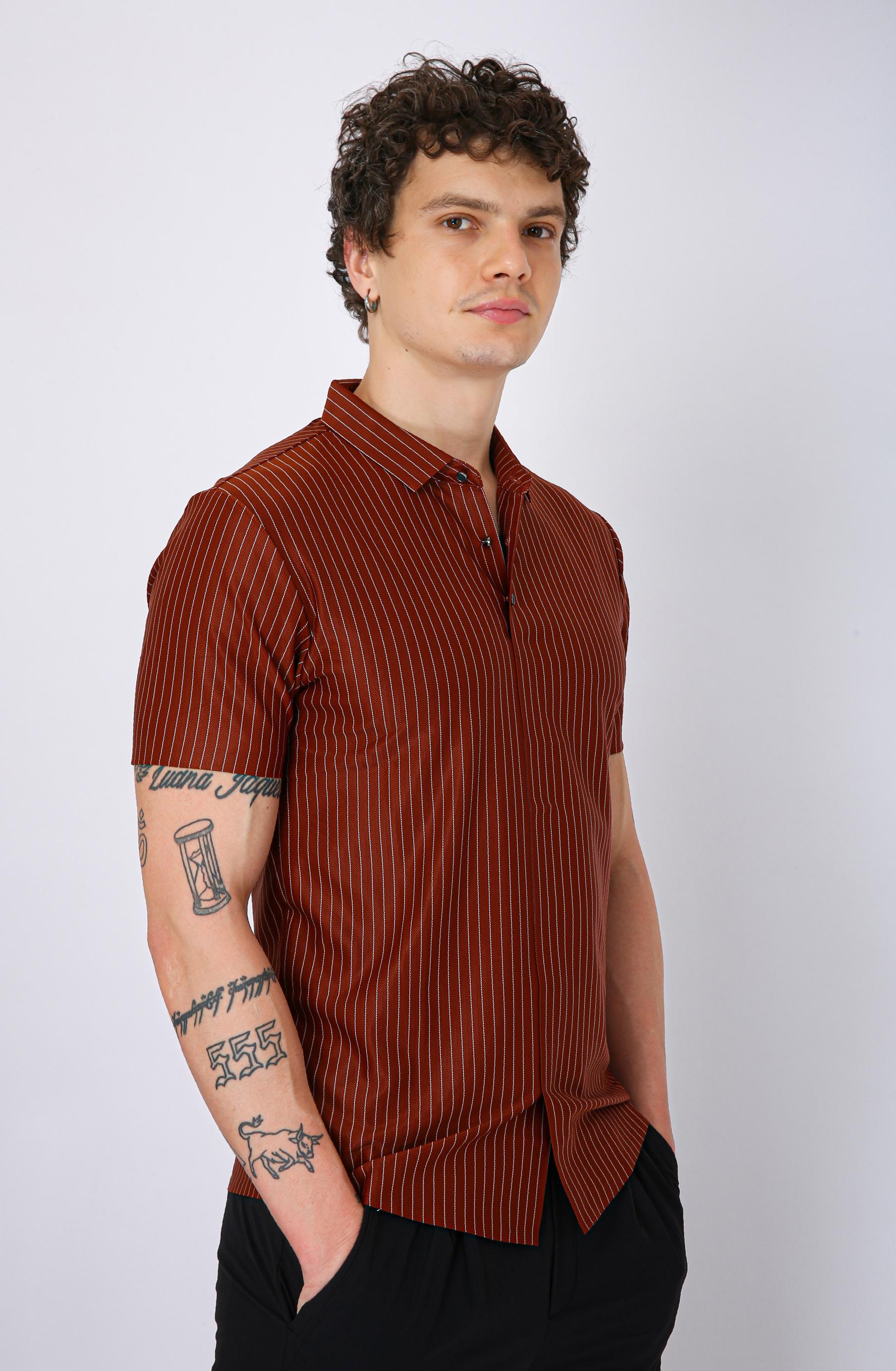 Premium Pinstripe Polo T-Shirt - Brown