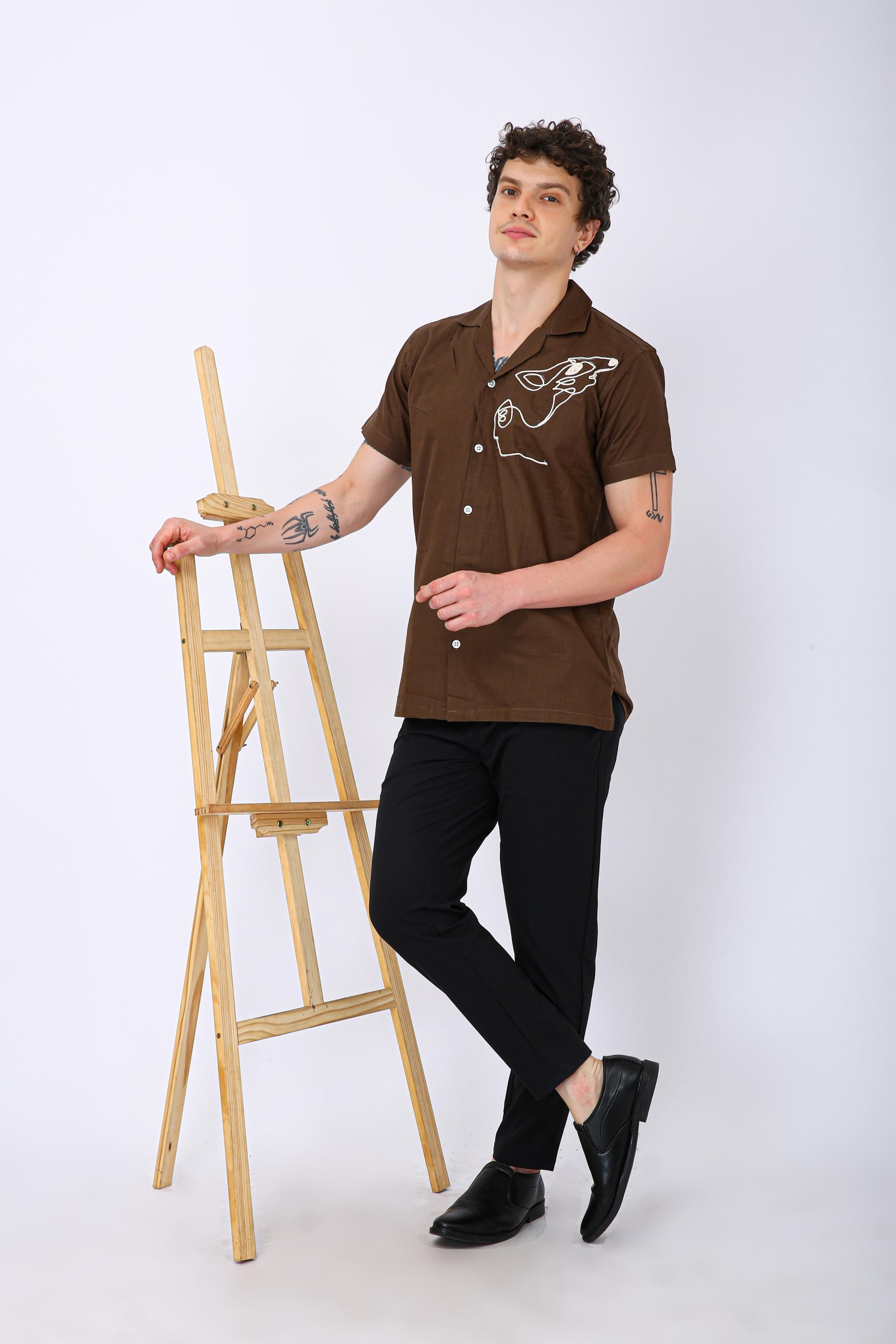 Mooniman Men's Premium Embroidered Formal Shirt - The Rich Coffee Brown Shade