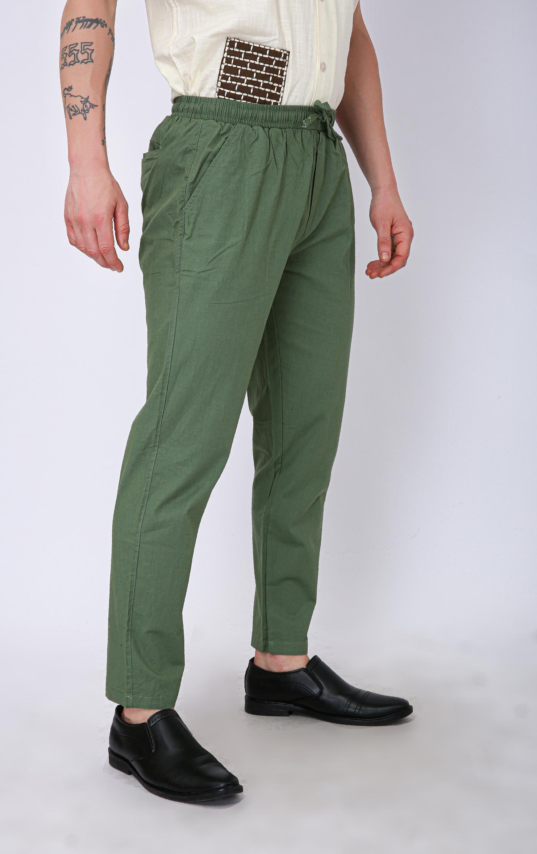 Men's Premium Olive Green Linen Blend Drawstring Trousers - Green