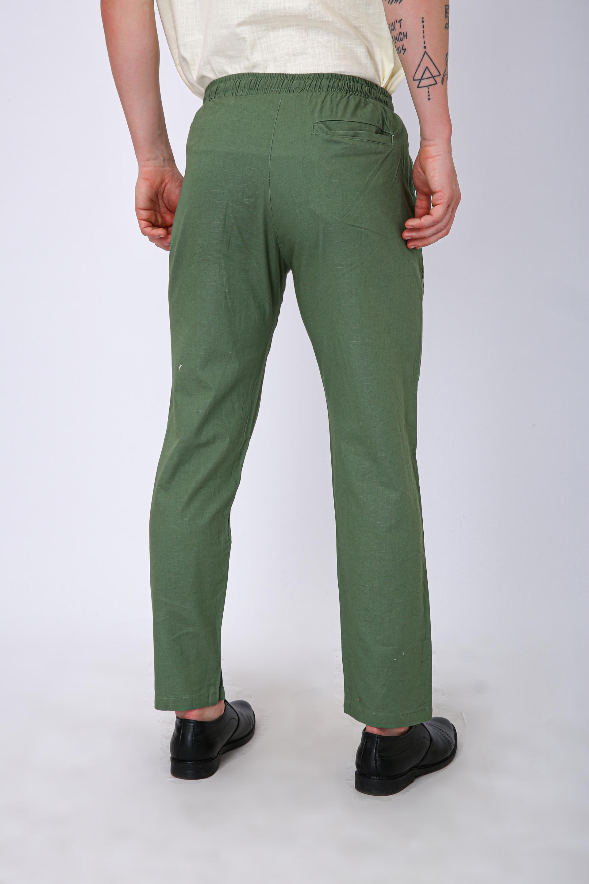 Men's Premium Olive Green Linen Blend Drawstring Trousers - Green