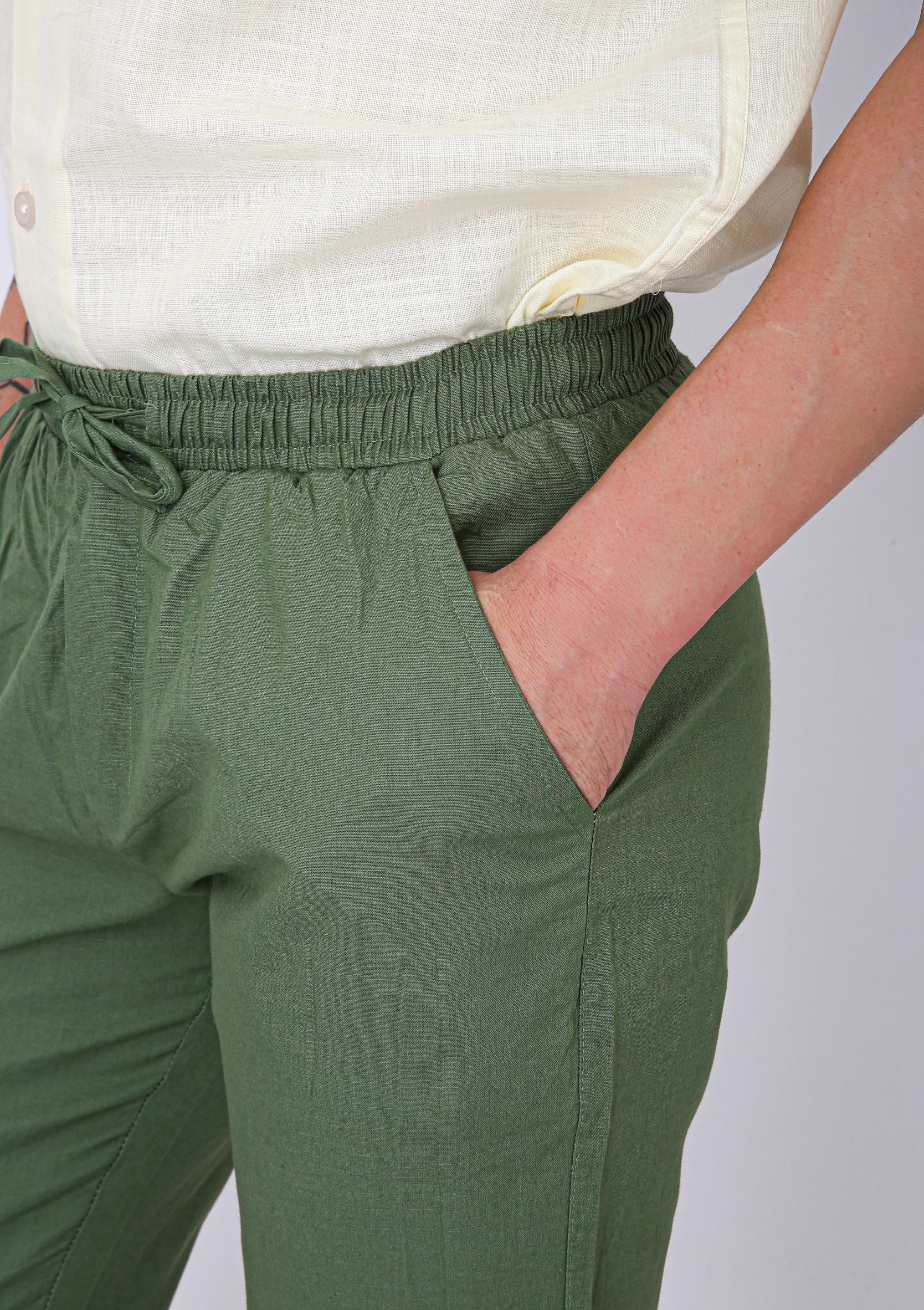 Men's Premium Olive Green Linen Blend Drawstring Trousers - Green