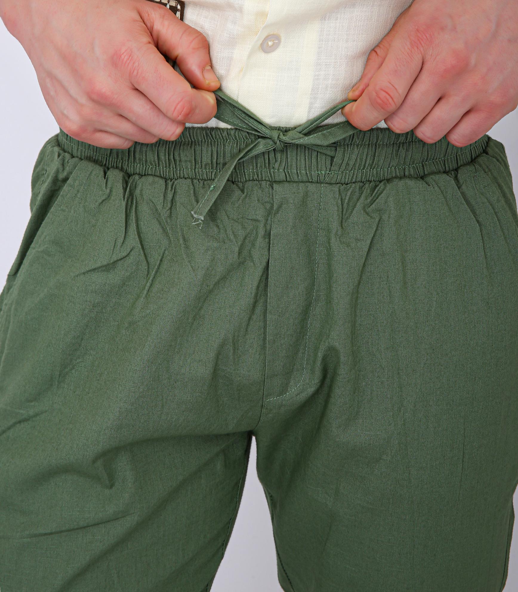 Men's Premium Olive Green Linen Blend Drawstring Trousers - Green