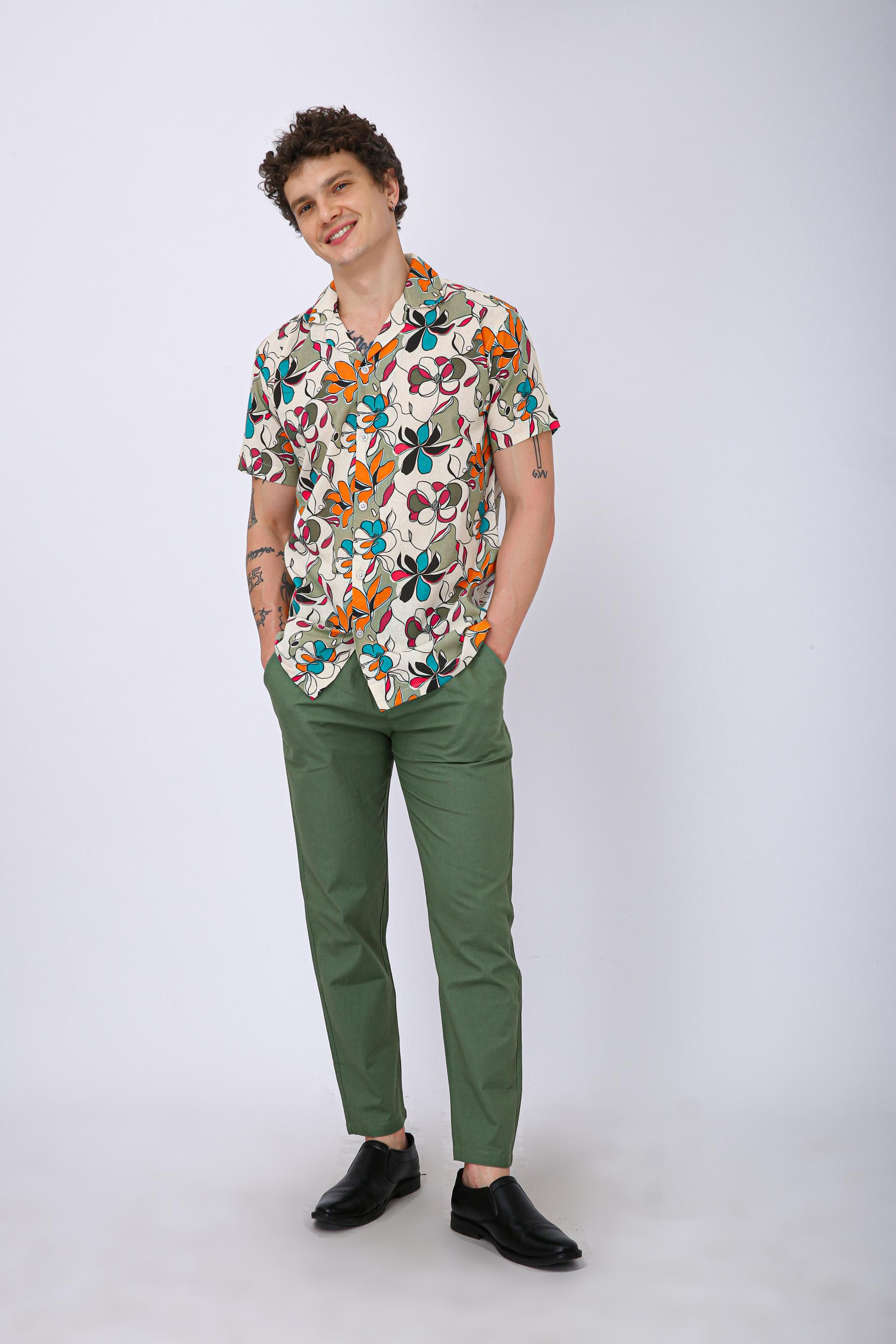 Premium Cuban Collar Patch Pocket Shirt - Orange Flower