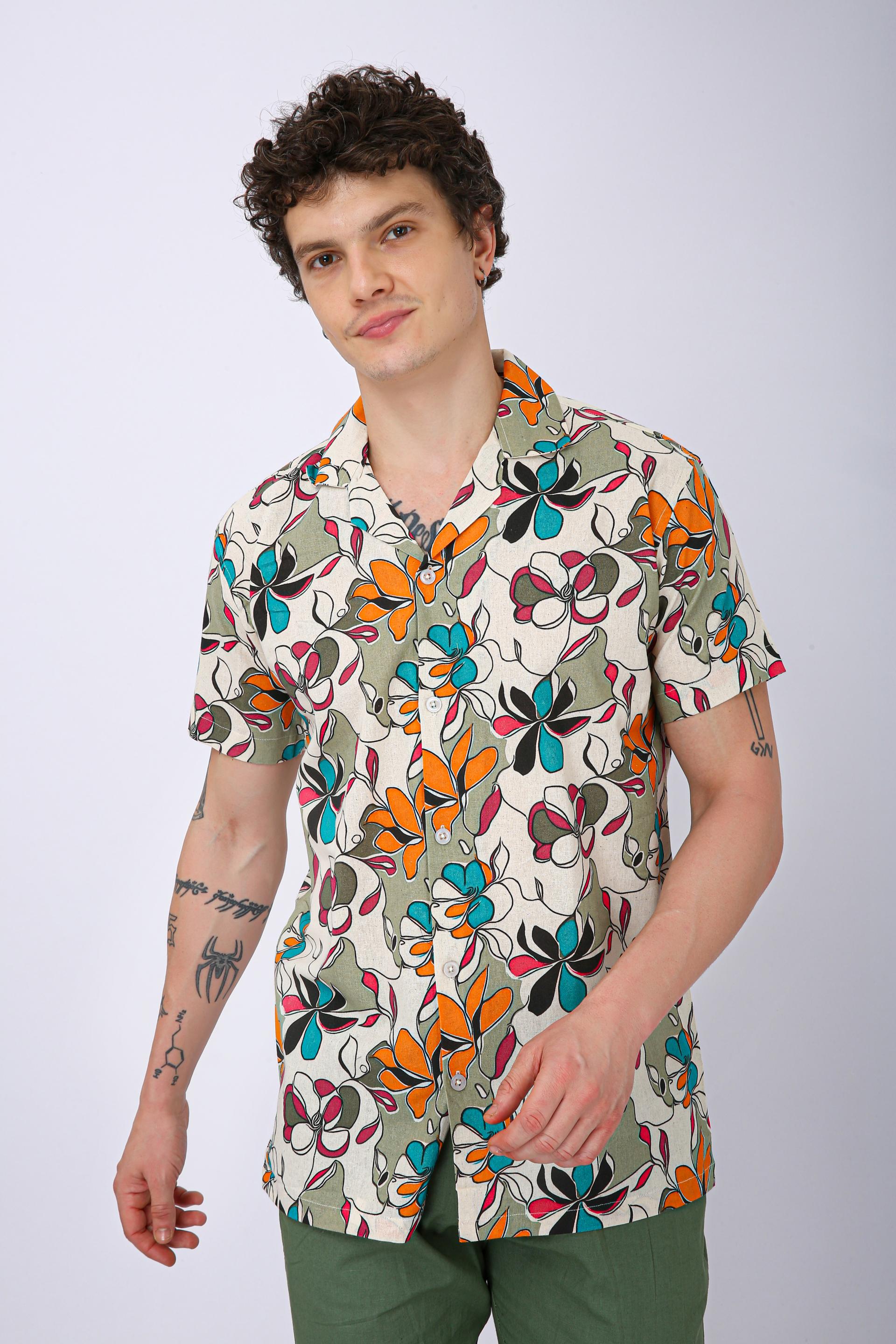 Premium Cuban Collar Patch Pocket Shirt - Orange Flower