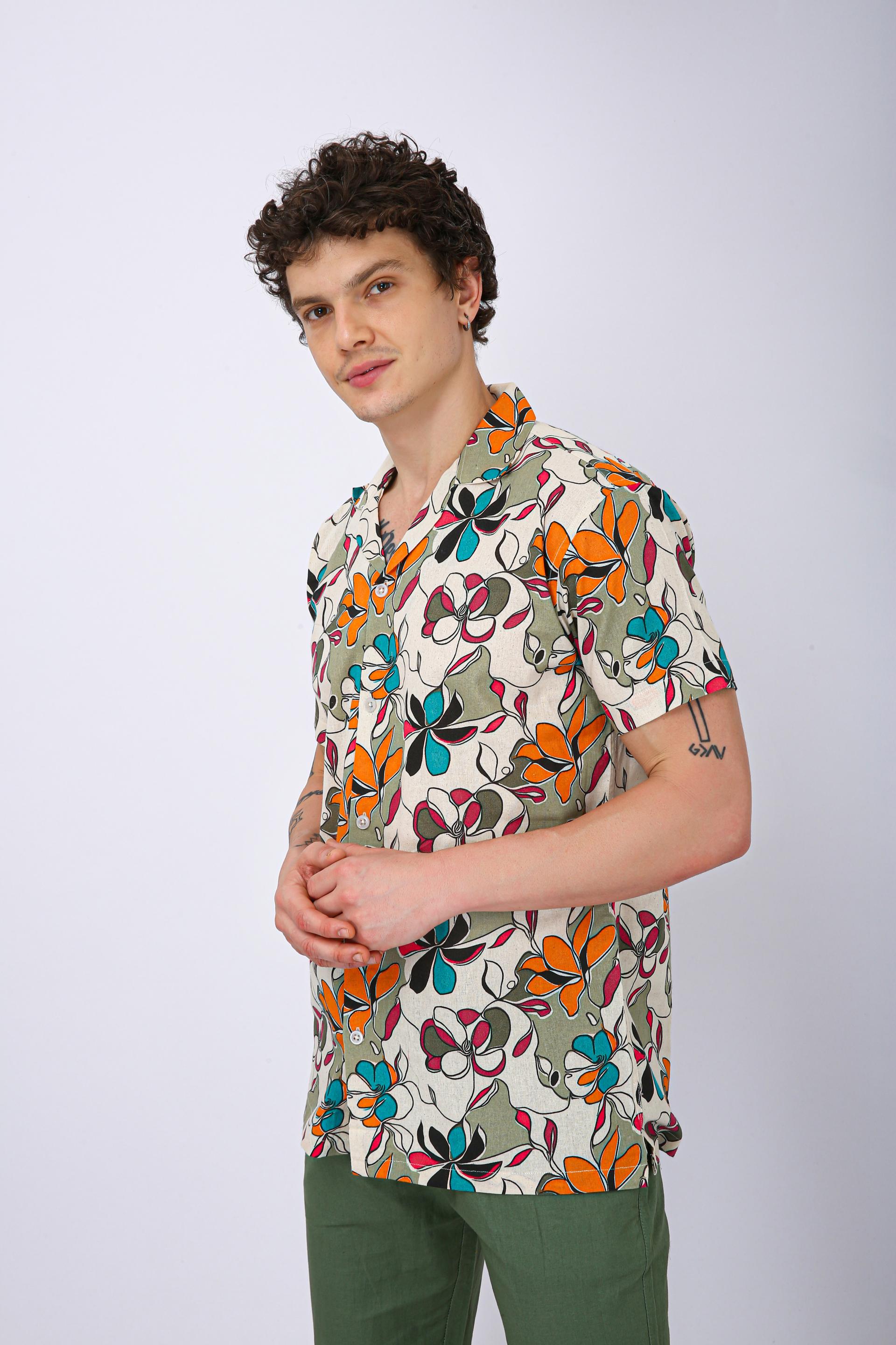 Premium Cuban Collar Patch Pocket Shirt - Orange Flower