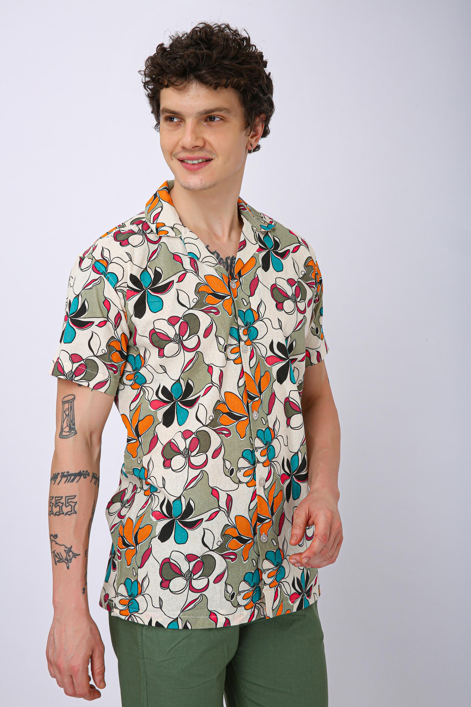 Premium Cuban Collar Patch Pocket Shirt - Orange Flower