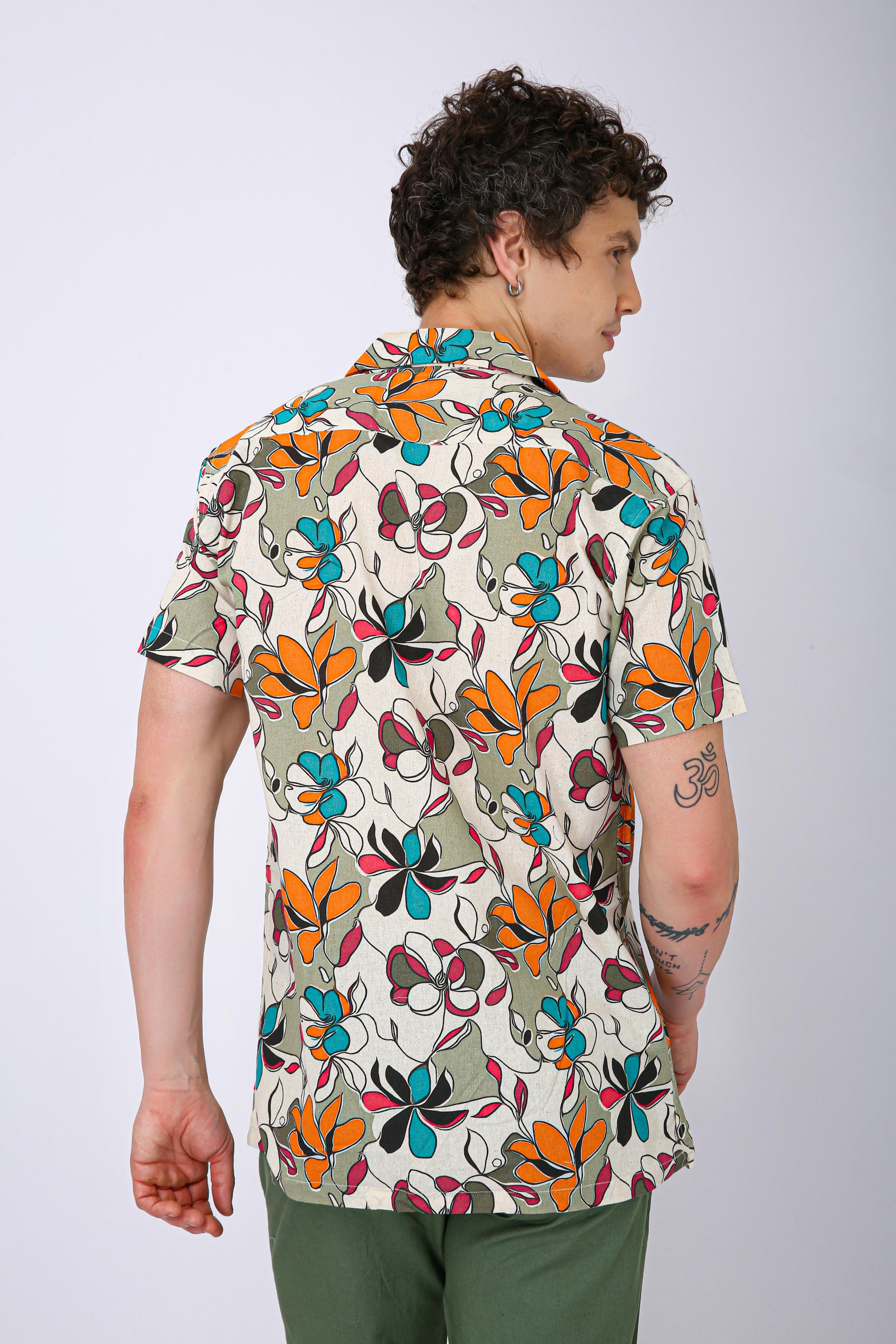 Premium Cuban Collar Patch Pocket Shirt - Orange Flower