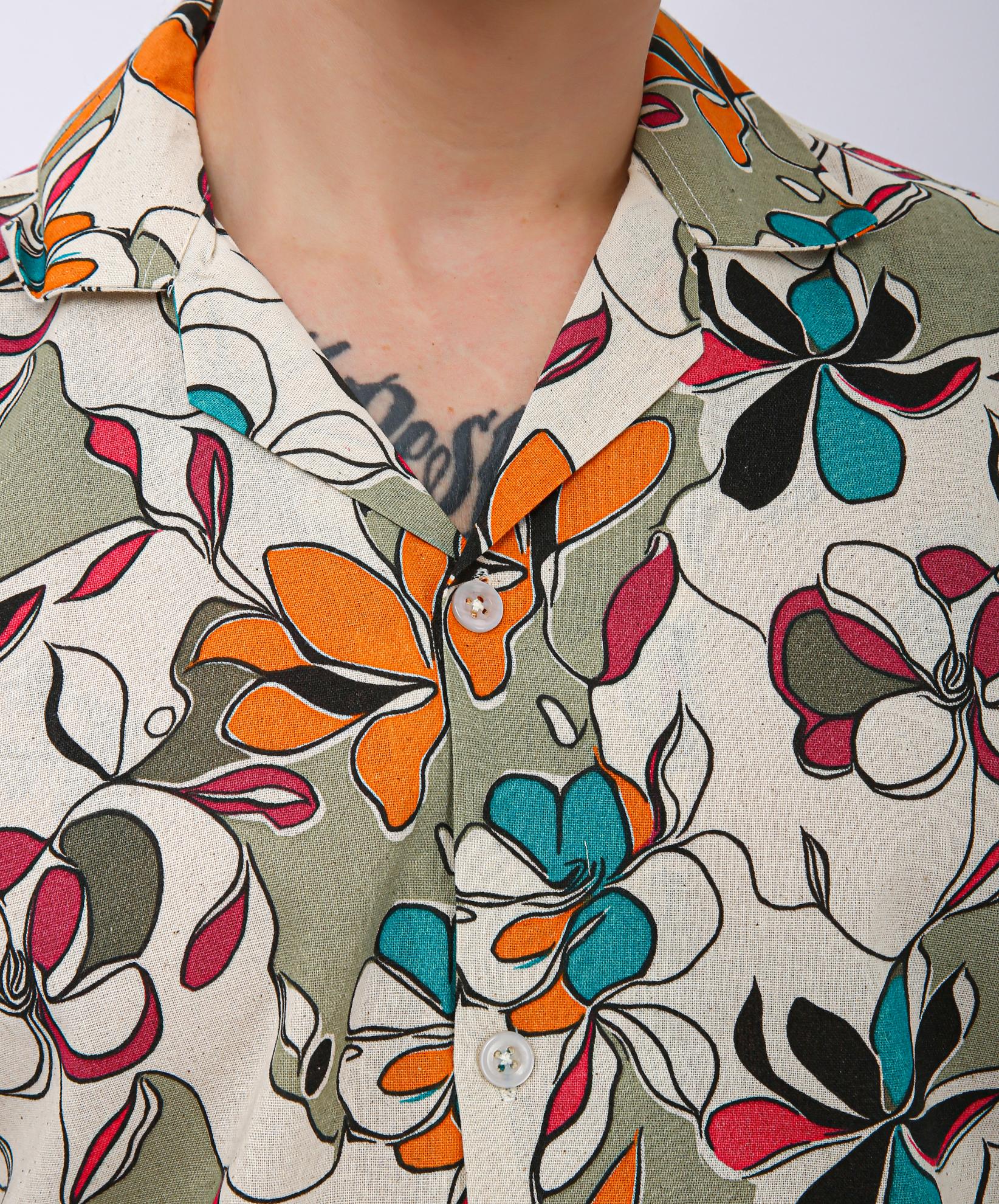 Premium Cuban Collar Patch Pocket Shirt - Orange Flower