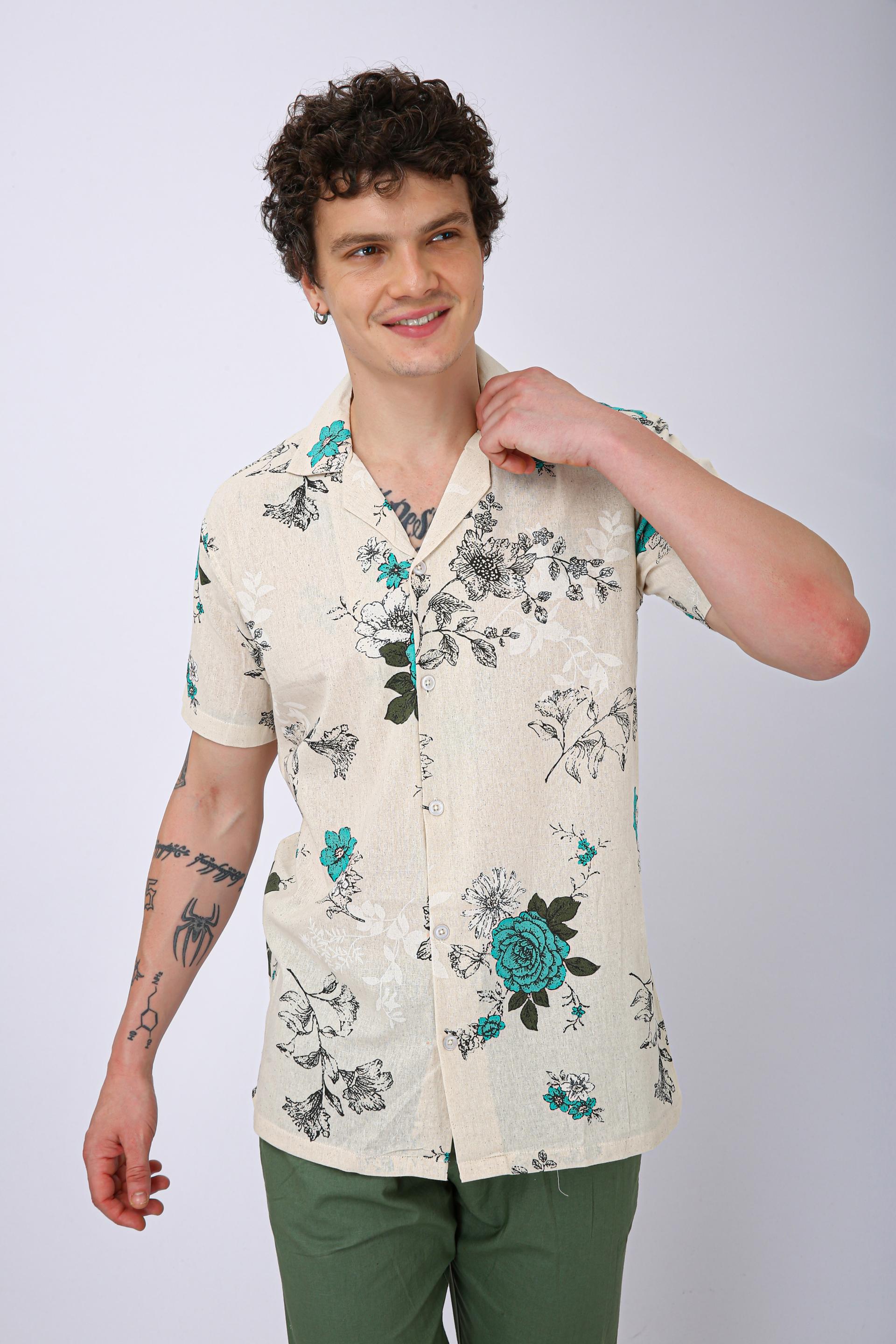 Premium Cuban Collar Patch Pocket Shirt - Plain Cream & Green Flower