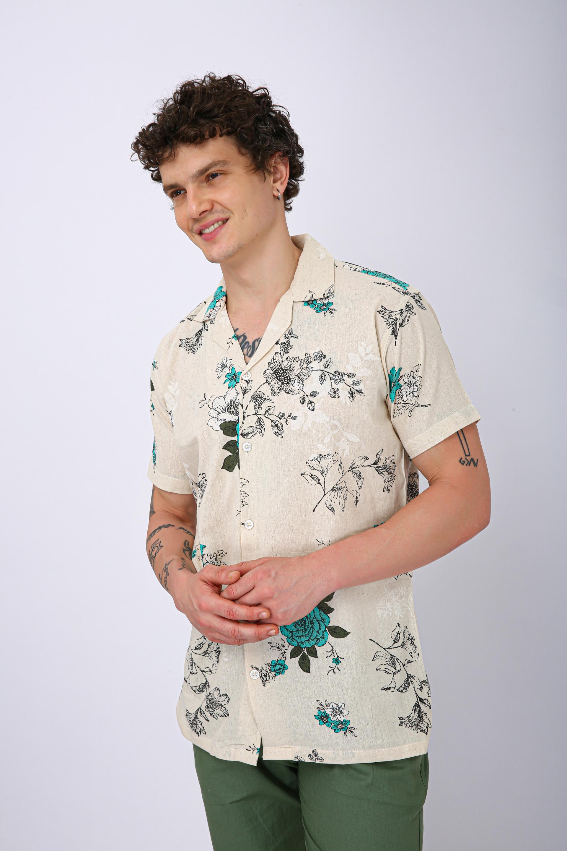 Premium Cuban Collar Patch Pocket Shirt - Plain Cream & Green Flower