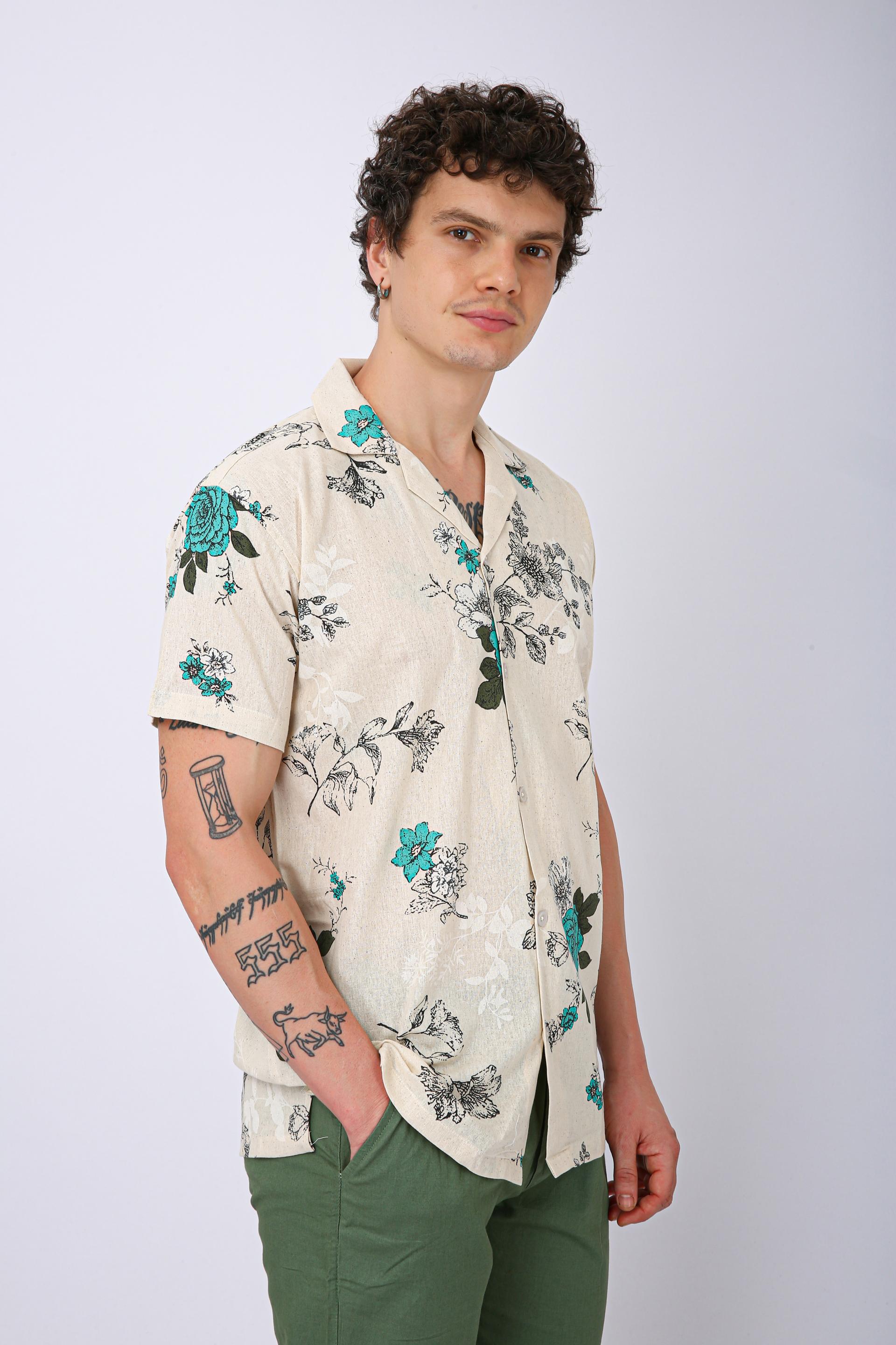 Premium Cuban Collar Patch Pocket Shirt - Plain Cream & Green Flower
