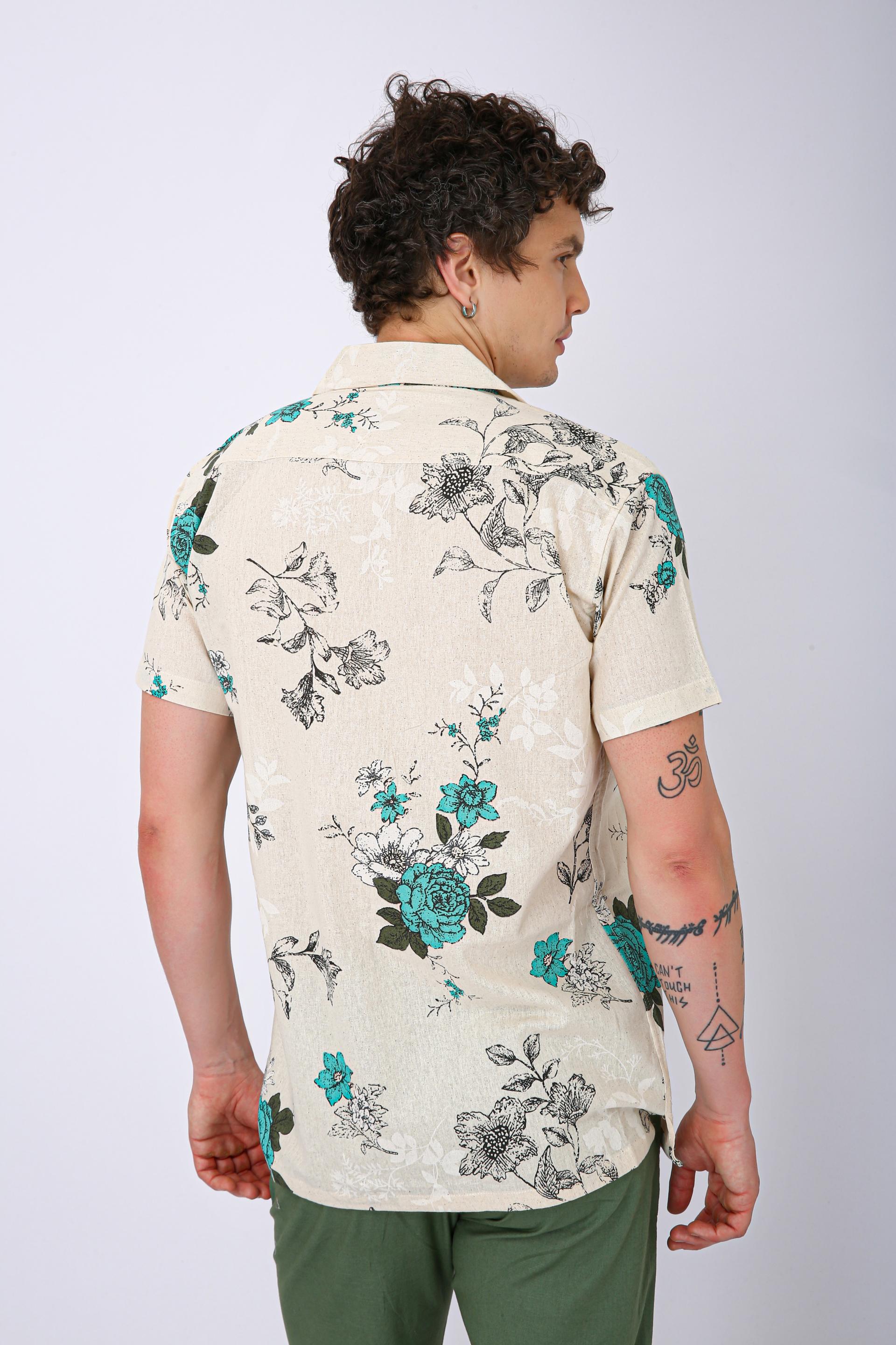 Premium Cuban Collar Patch Pocket Shirt - Plain Cream & Green Flower