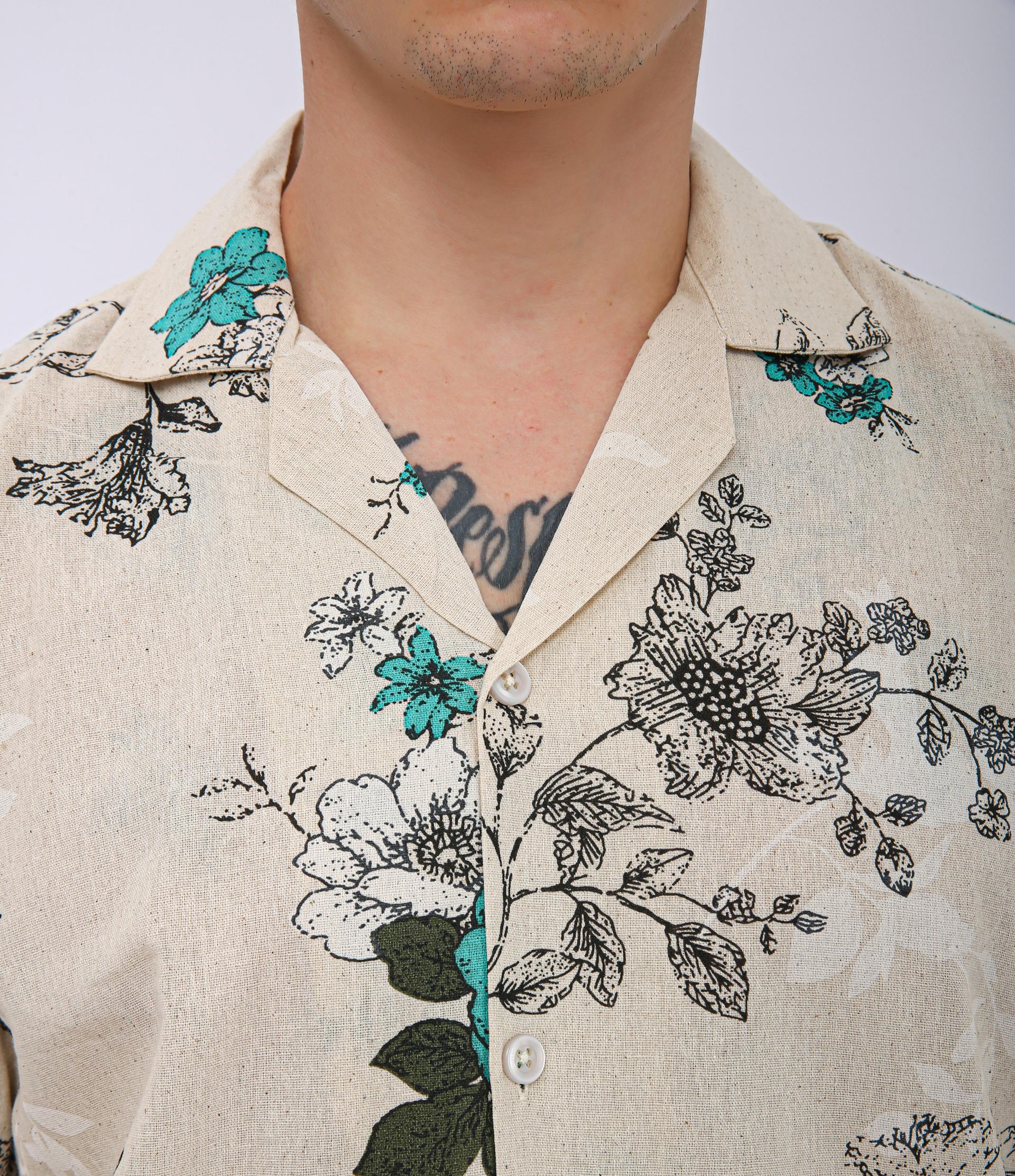 Premium Cuban Collar Patch Pocket Shirt - Plain Cream & Green Flower
