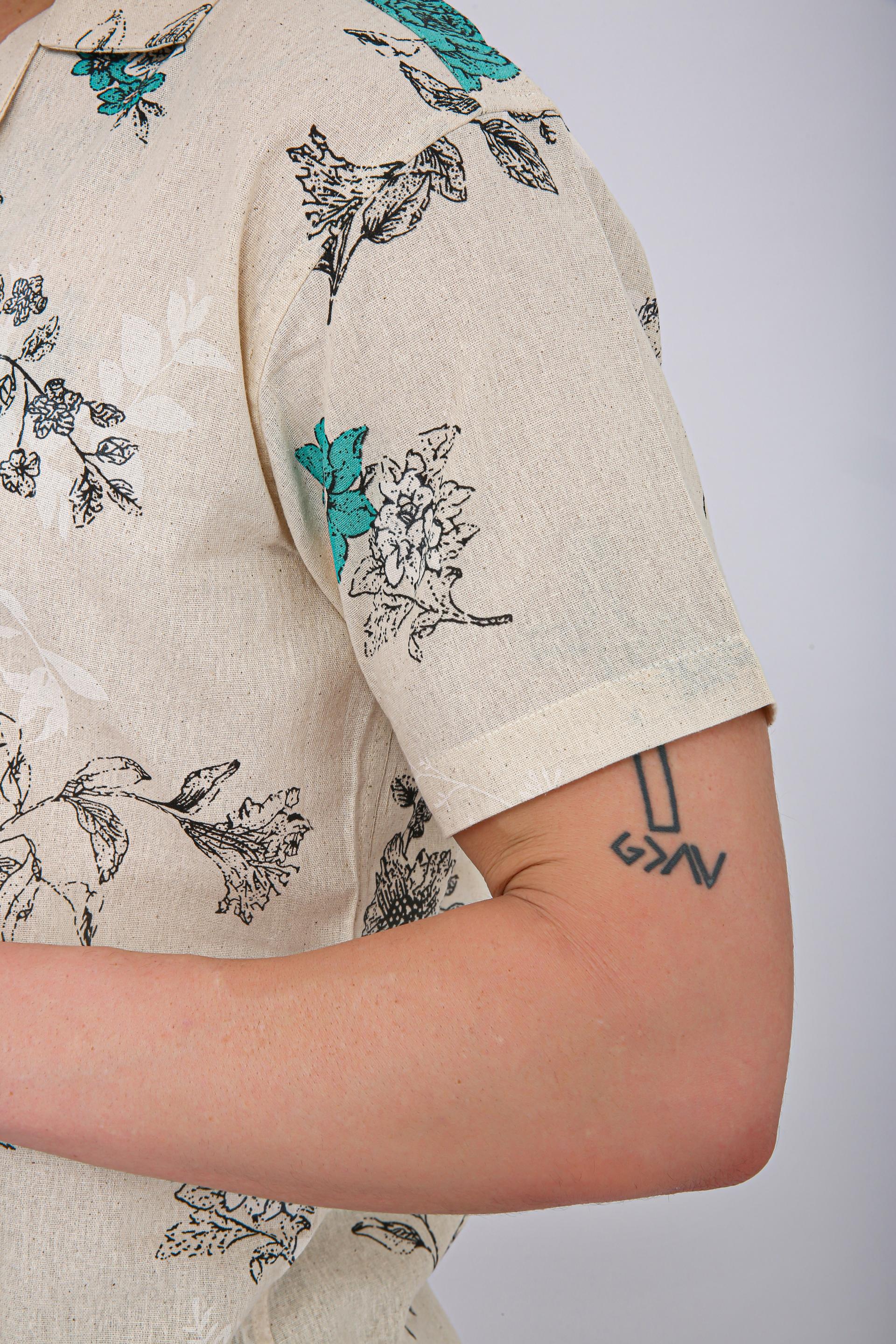 Premium Cuban Collar Patch Pocket Shirt - Plain Cream & Green Flower
