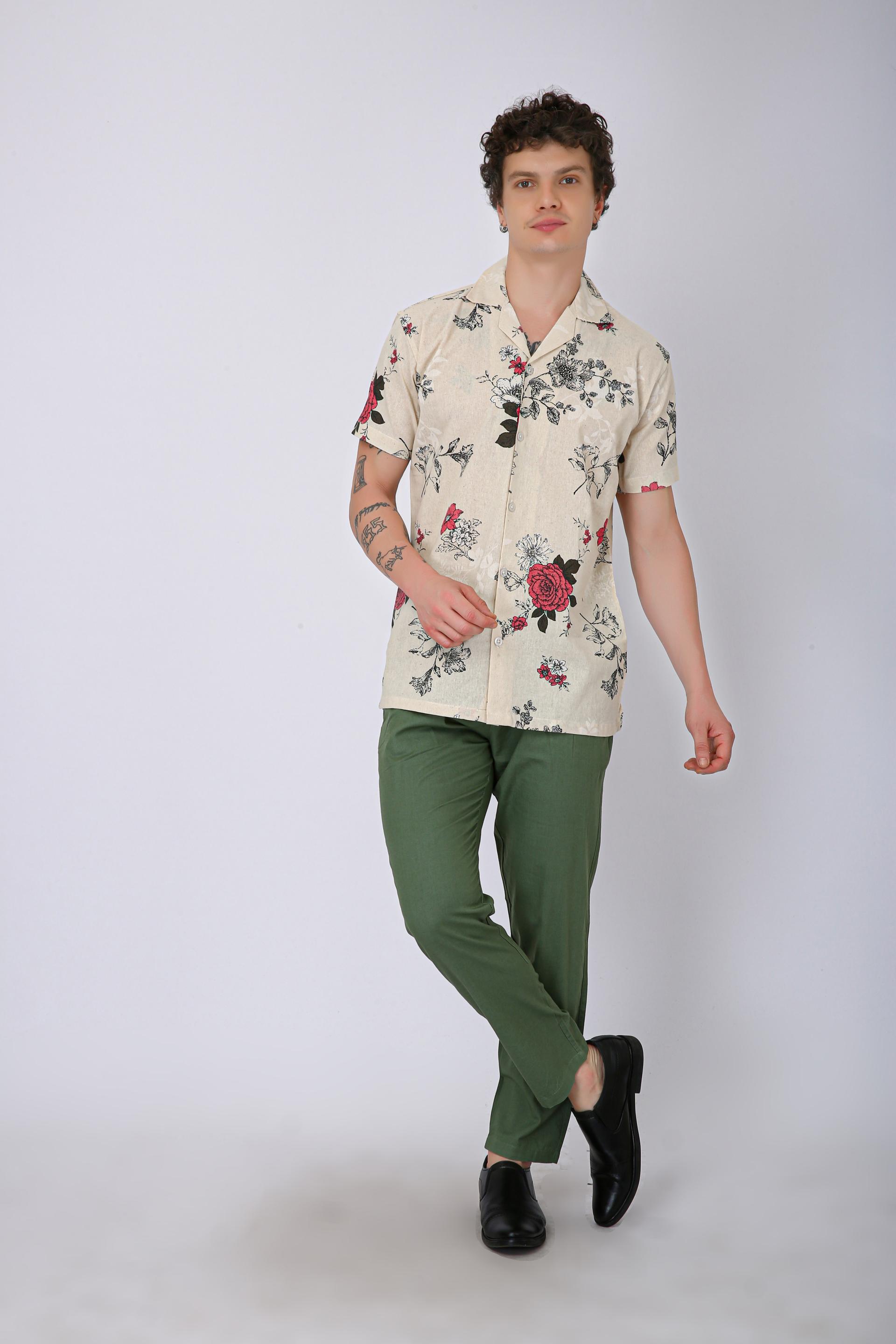 Premium Cuban Collar Patch Pocket Shirt - Plain Cream & Pink Flower