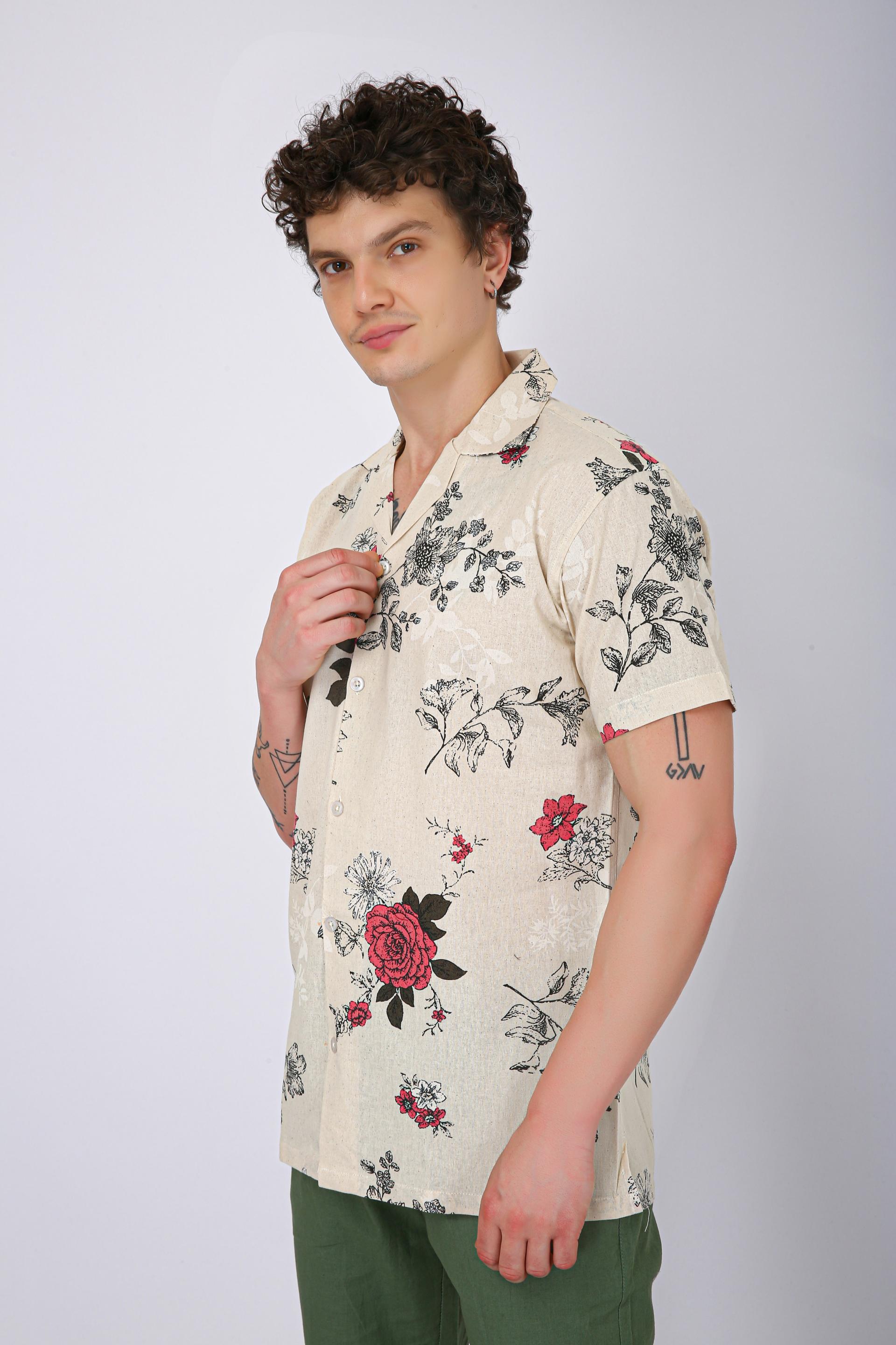 Premium Cuban Collar Patch Pocket Shirt - Plain Cream & Pink Flower