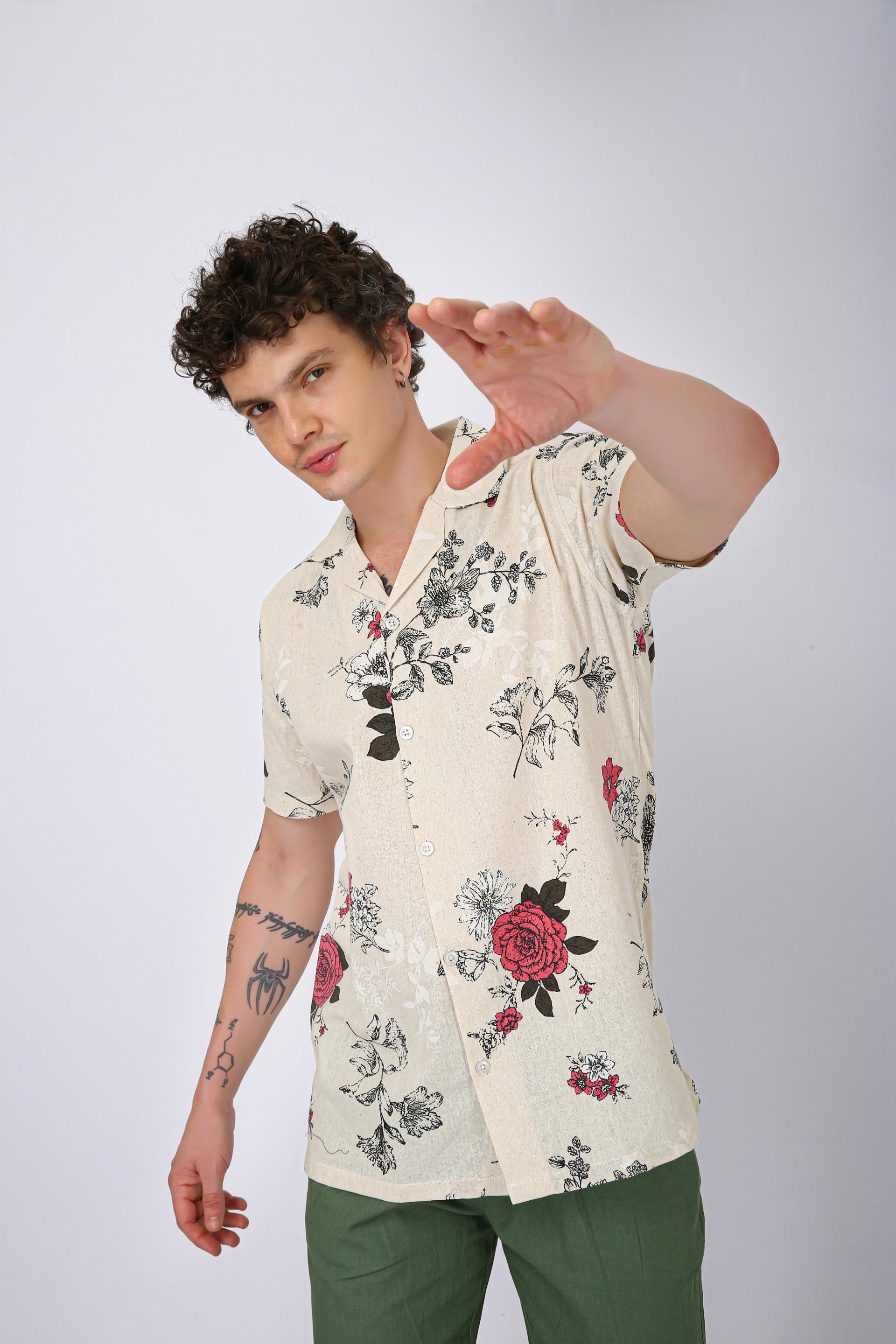 Premium Cuban Collar Patch Pocket Shirt - Plain Cream & Pink Flower