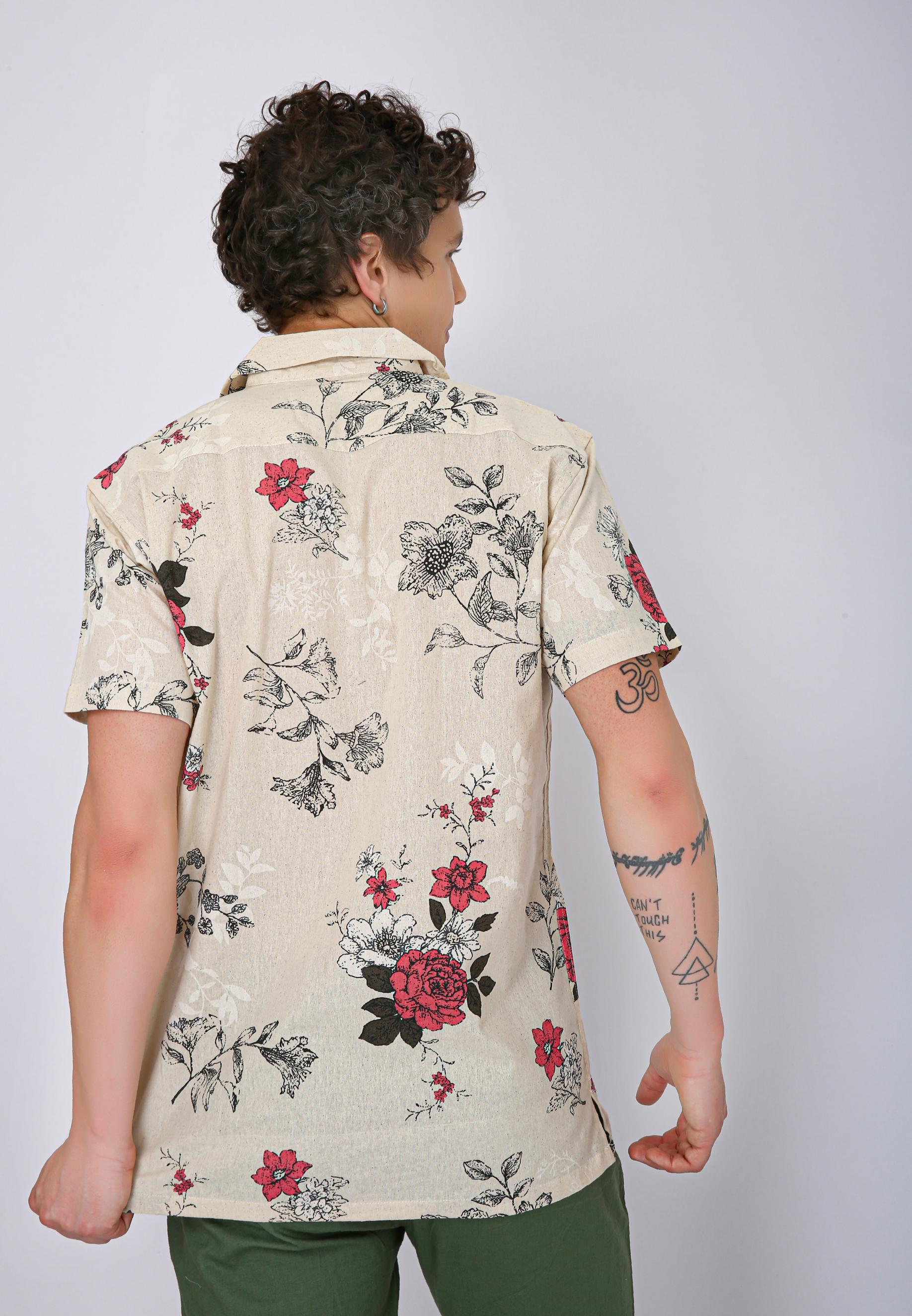 Premium Cuban Collar Patch Pocket Shirt - Plain Cream & Pink Flower